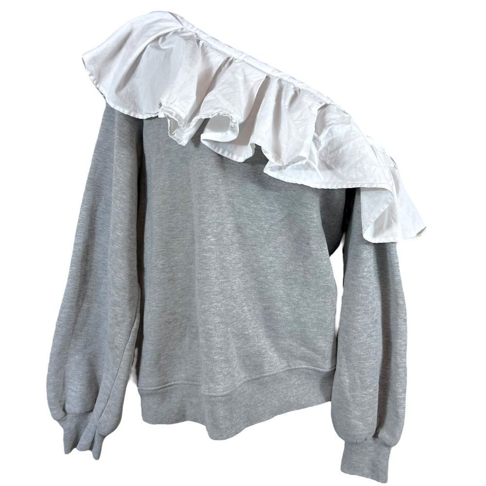 CLU One Shoulder Ruffled Sweatshirt In Heather Gray/White - Picture 2 of 10